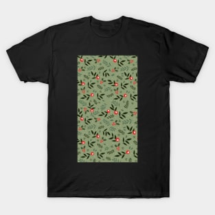 red berry & green leaves winter christmas pattern T-Shirt